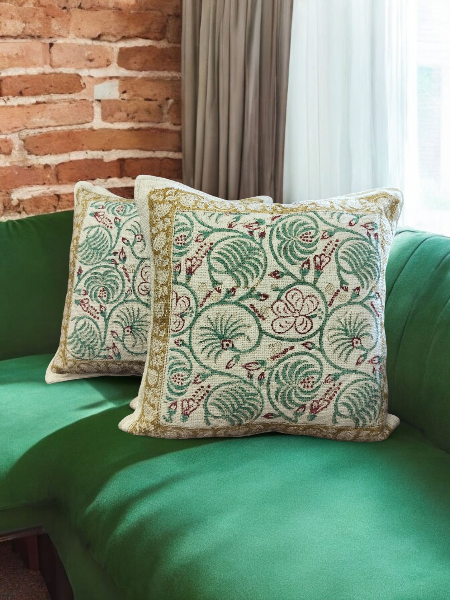 White Green Floral Quilted Jute  Cushion Cover