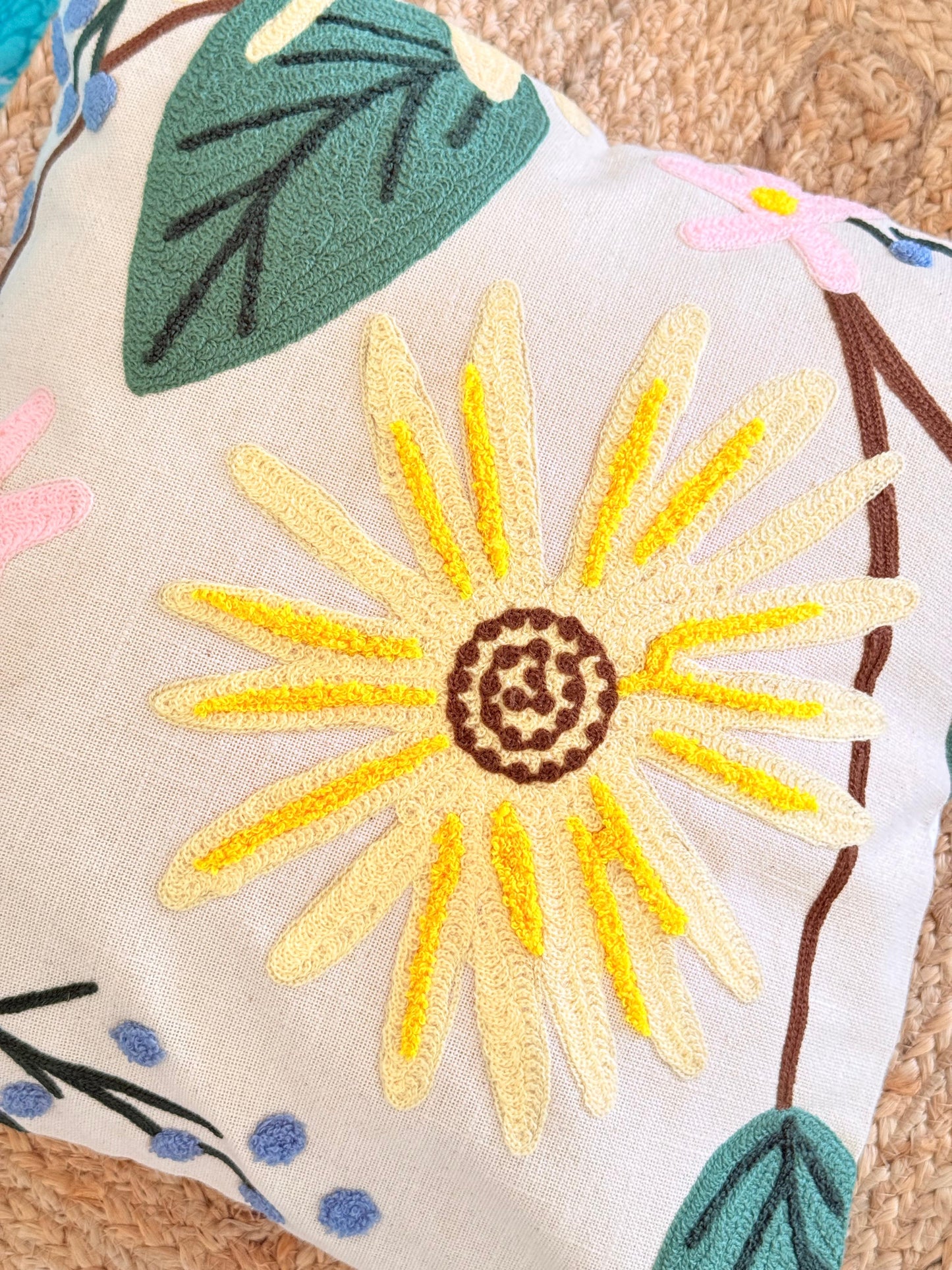 Yellow Flower Embroidery Decorative Cushion Cover – Premium Jute Throw Pillow Cover