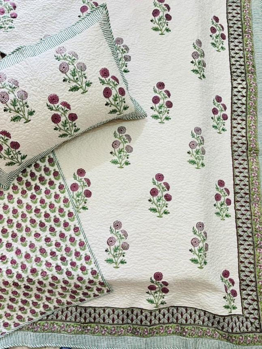 Orchid Flower Handblock Quilted Reversible Bedcover with 2 Pillow Covers – Elegant and Eco-Friendly Bedroom Décor