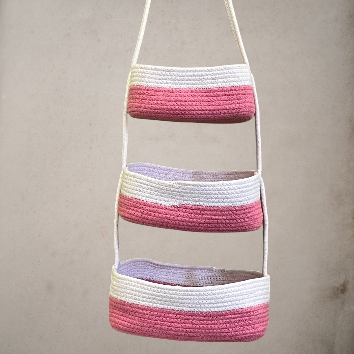 3-Tier Jute wall Hanging Storage Basket organizer - Pink White