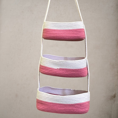 3-Tier Jute wall Hanging Storage Basket organizer - Pink White