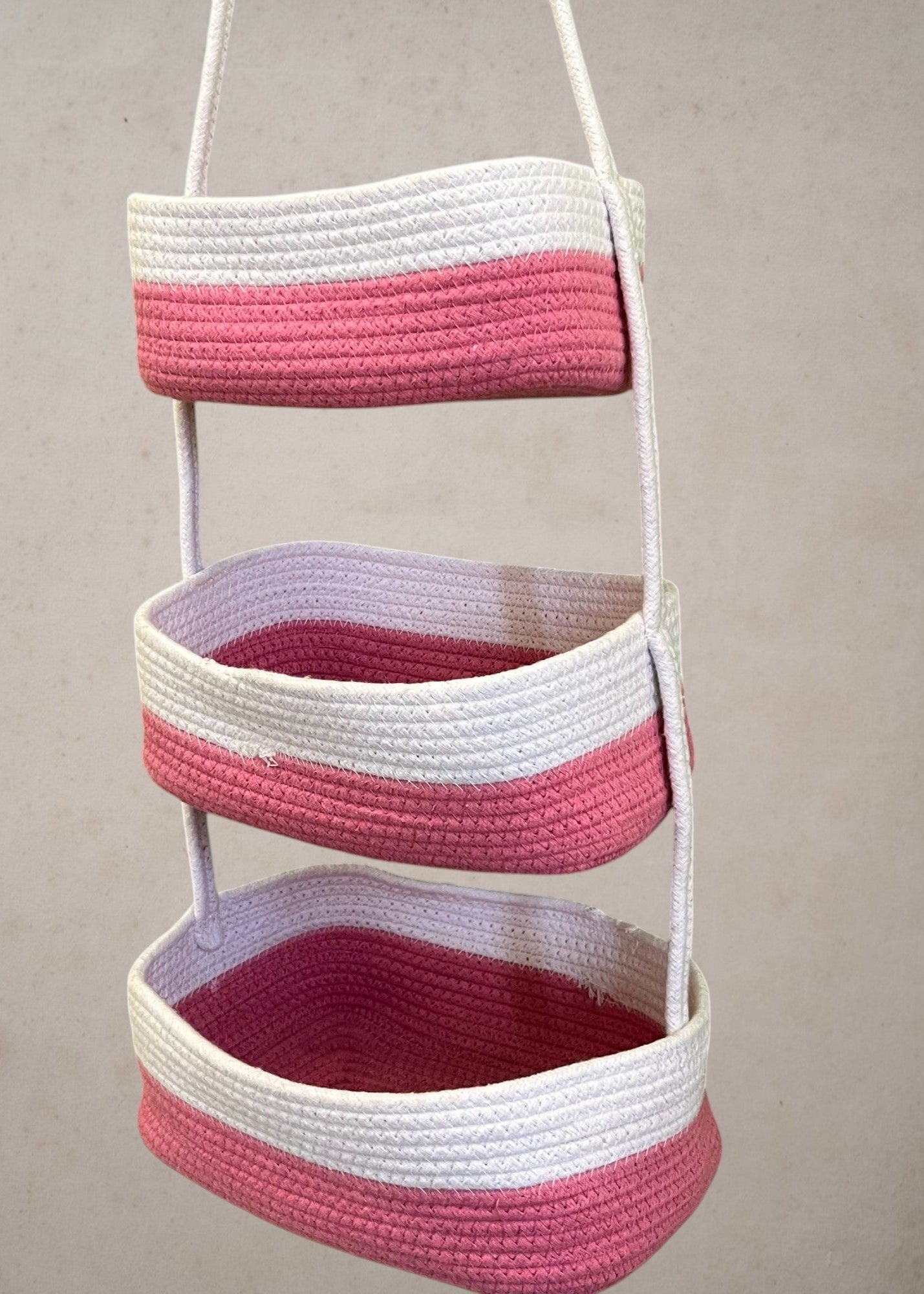 3-Tier Jute wall Hanging Storage Basket organizer - Pink White