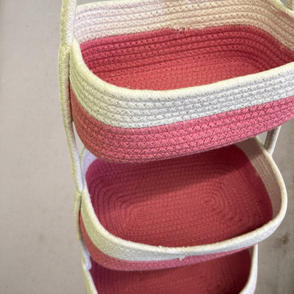 3-Tier Jute wall Hanging Storage Basket organizer - Pink White