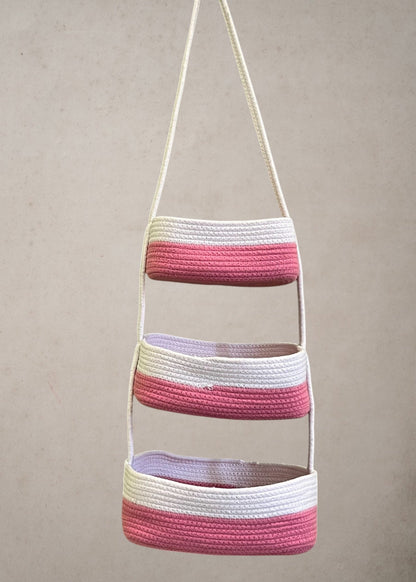 3-Tier Jute wall Hanging Storage Basket organizer - Pink White