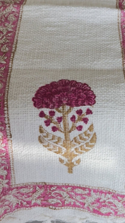 Pink Single Flower with Boarder Handblock Premium Jute Table Runner