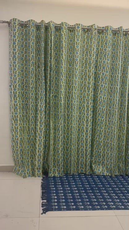 Handblock Green Curtain Set of 2 (7 Feet)