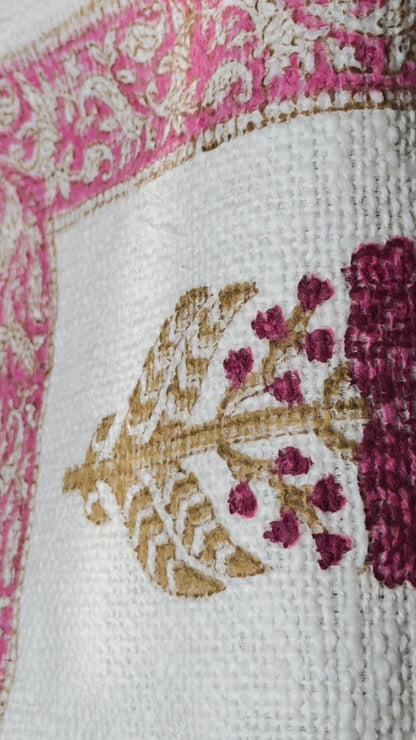 Pink Single Flower with Boarder Handblock Premium Jute Table Runner