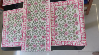 Pink Floral Green Leaf Pure Cotton Rajasthani Handblock Table Runner and Mats set of 6