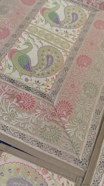 Gold Beige Silk Banarasi Table Runner and Mat with Coaster Set of 6