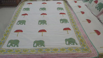 Handblock Elephant Printed Premium Double Bedsheet (Green)