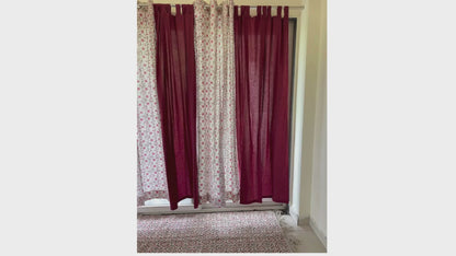 Cotton Floral Curtains White and Maroon (Set of 2)