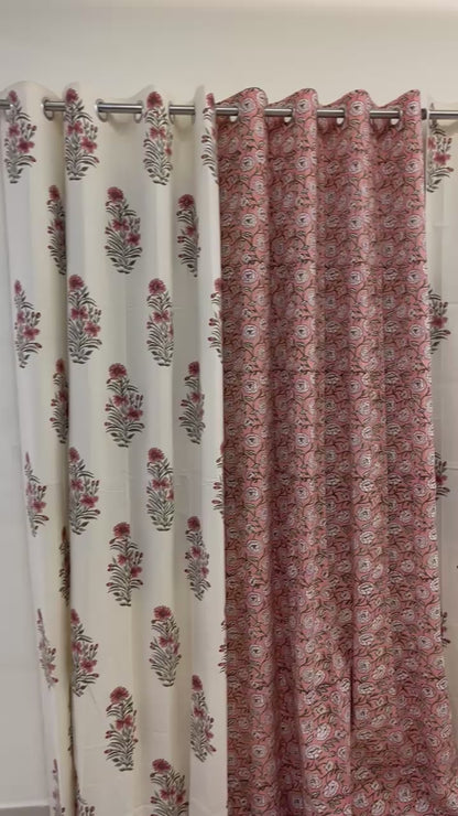 Beige Handblock Floral Cotton Curtains (7 Ft set of 2)