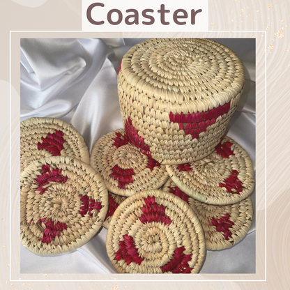 Magenta Handcrafted Jute Coasters With Sabai Grass Basket (SET OF 6 COASTERS + 1 BASKET)