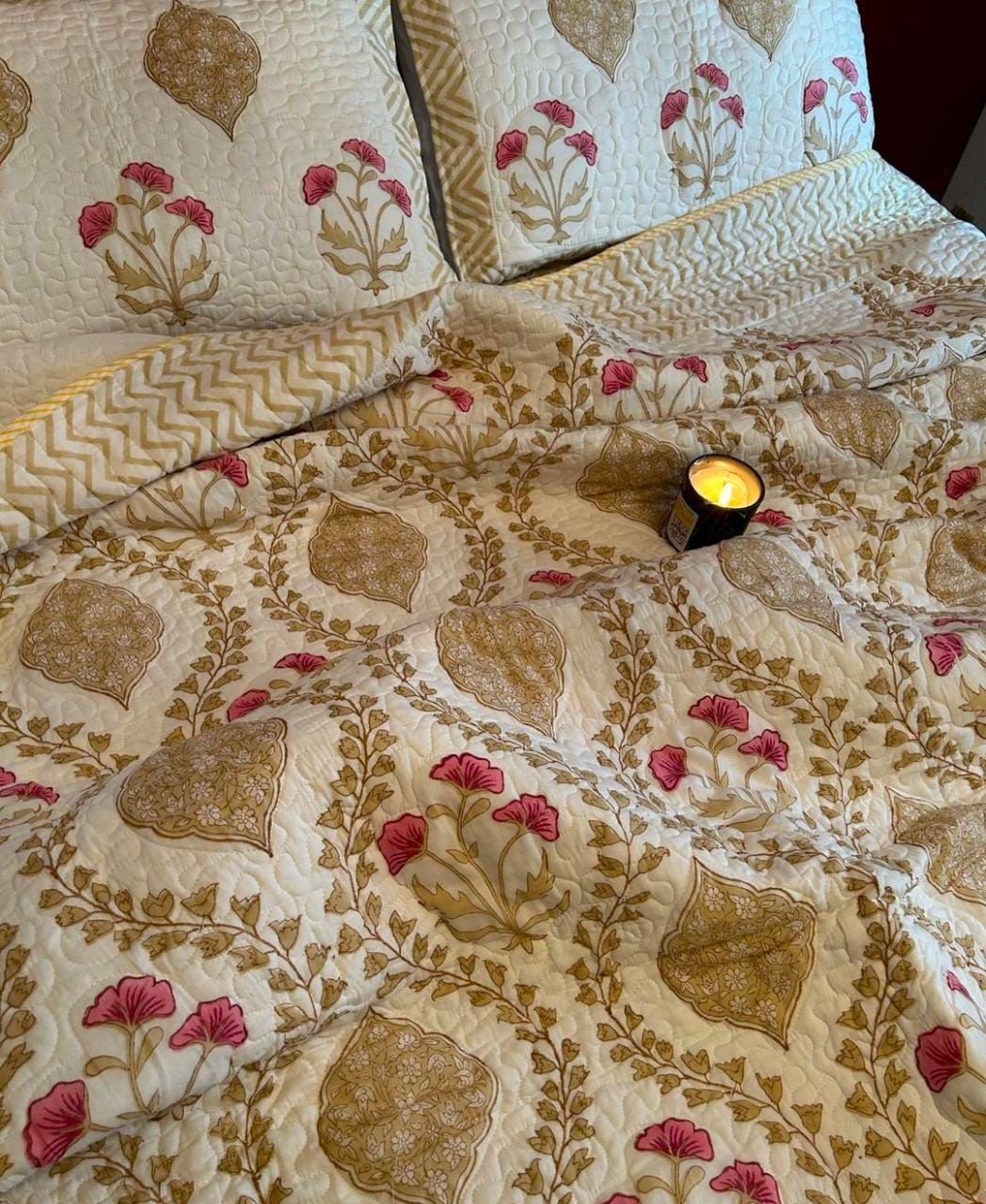 Brown Wave Handblock Quilted Reversible Bedcover with 2 Pillow Covers – Elegant and Eco-Friendly Bedroom Décor