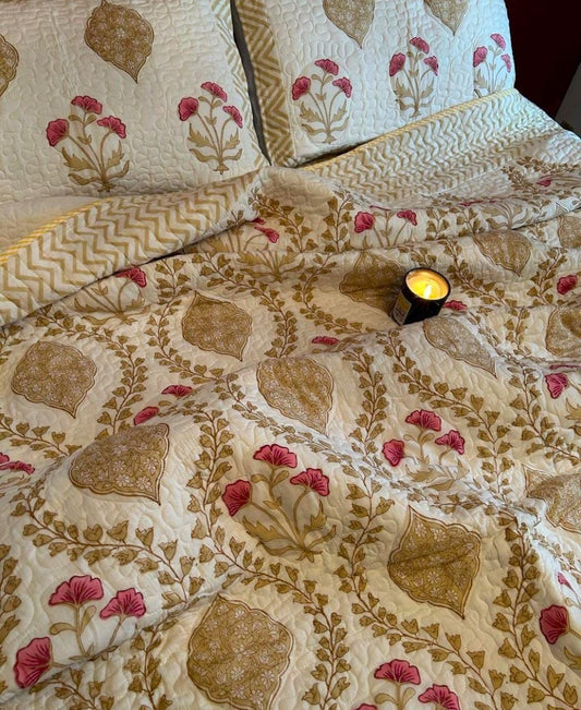 Brown Wave Handblock Quilted Reversible Bedcover with 2 Pillow Covers – Elegant and Eco-Friendly Bedroom Décor